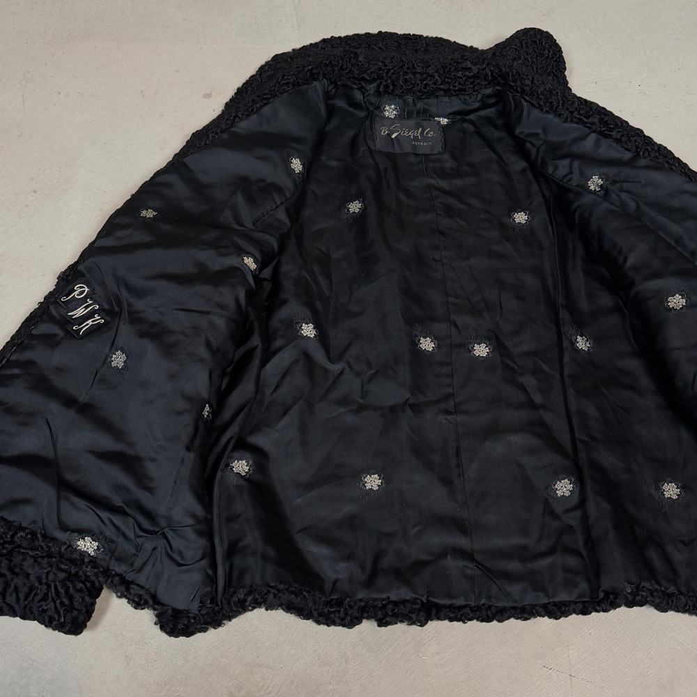 Vintage B Siegel Co Black Curly Persian Lamb Fur Coat Jacket Shawl Collar - Picture 6 of 9
